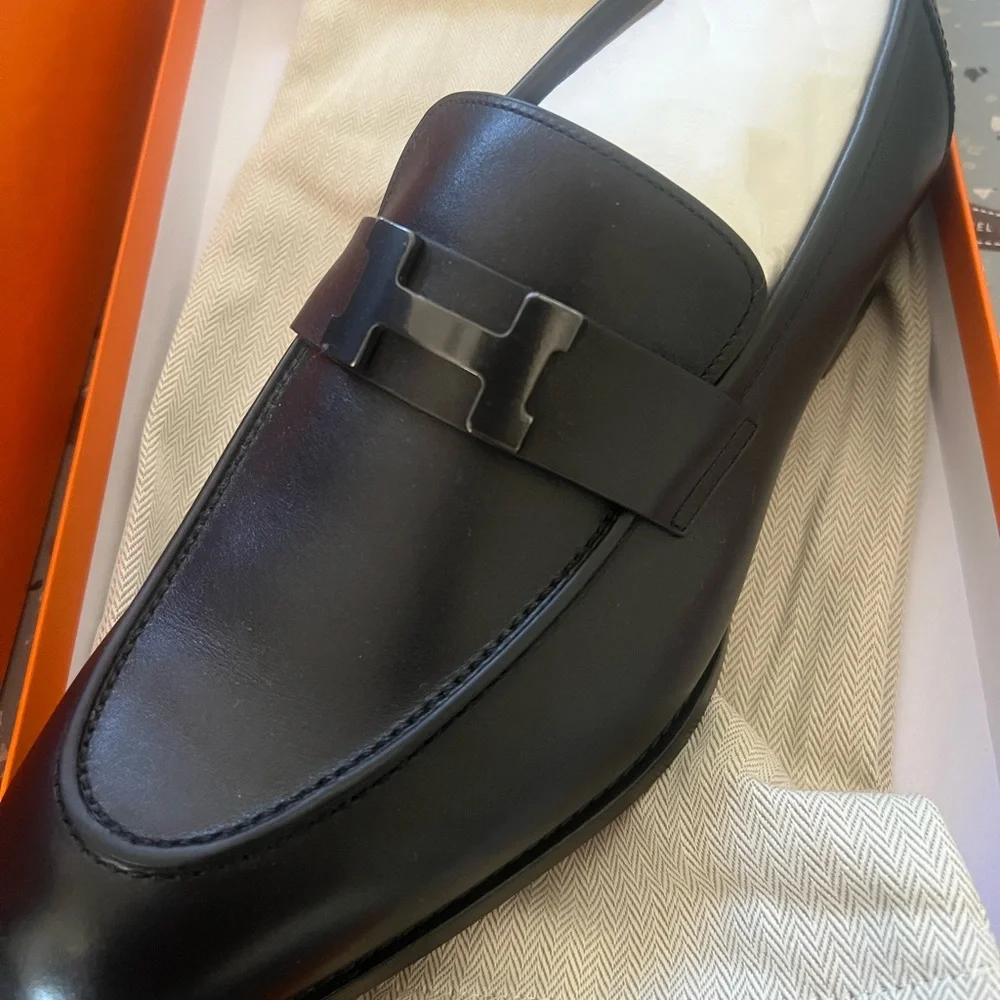 Hermes Black Leather Slip-On Loafer with black H Buckle